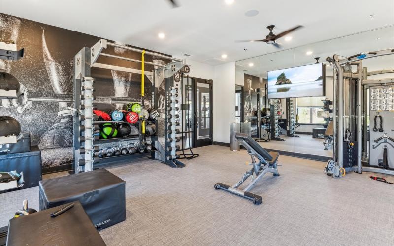 a room with weights and medicine balls