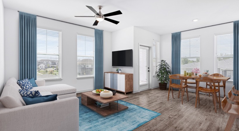Gorgeous natural light in your living space a living room and dining table with many windows