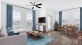 a living room and dining table with many windows