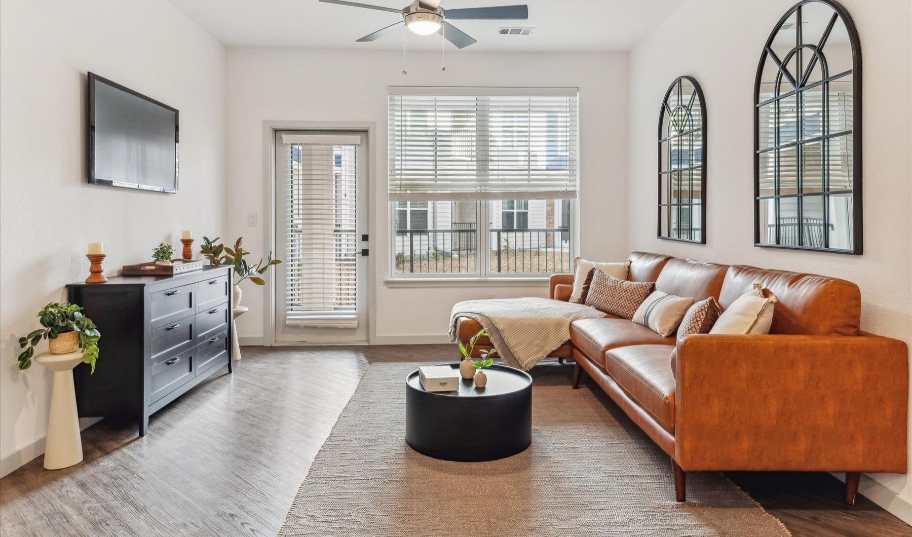 a living room with a couch and a coffee table